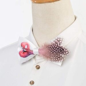 Mens Novelty Flamingo & Natural Feather Bowtie